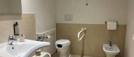 Een badkamer met een wastafel, toilet, bidet en handgrepen.