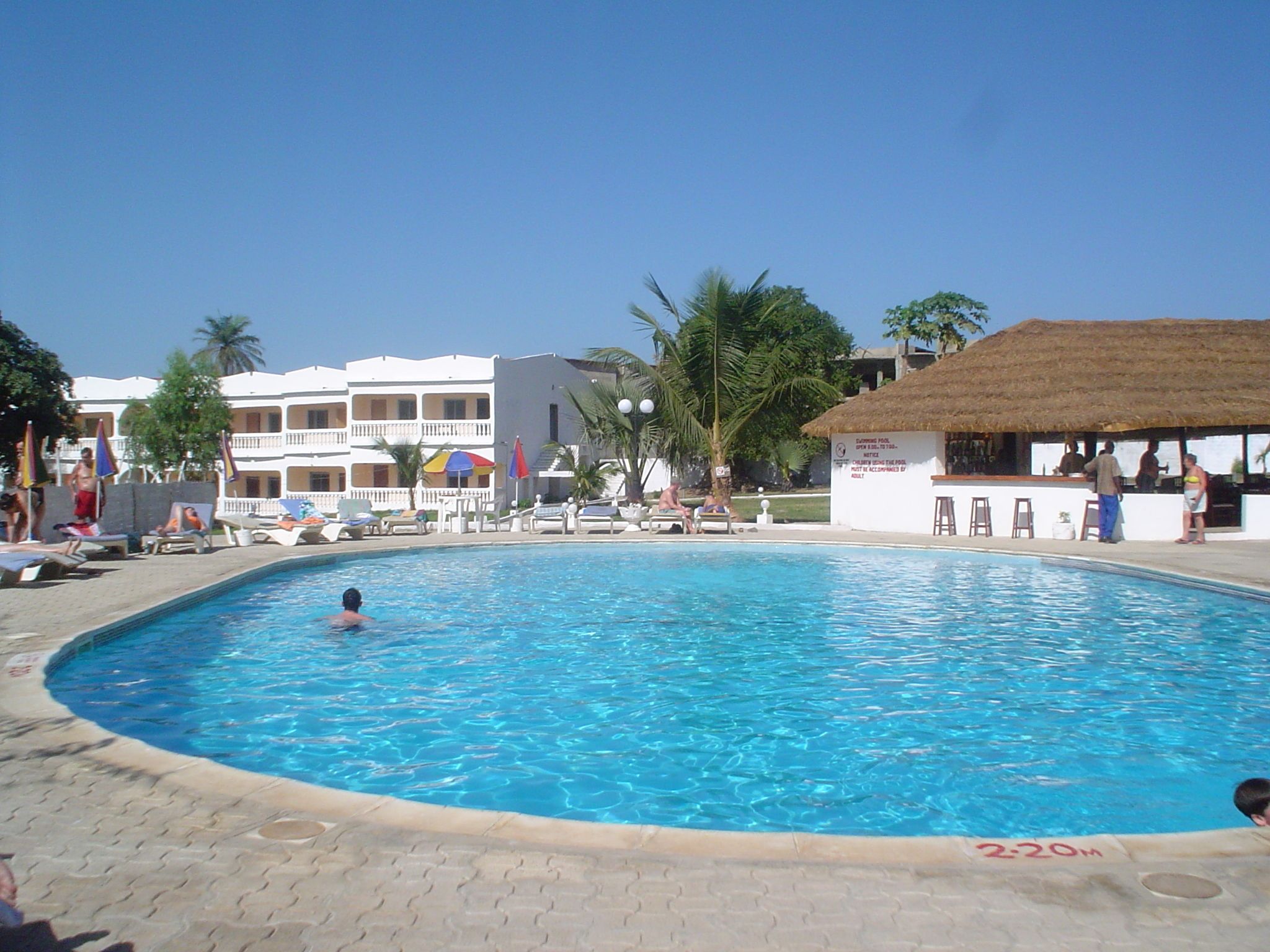 Una piscina con sillas de descanso y sombrillas, rodeada de palmeras y un edificio con techo de paja.