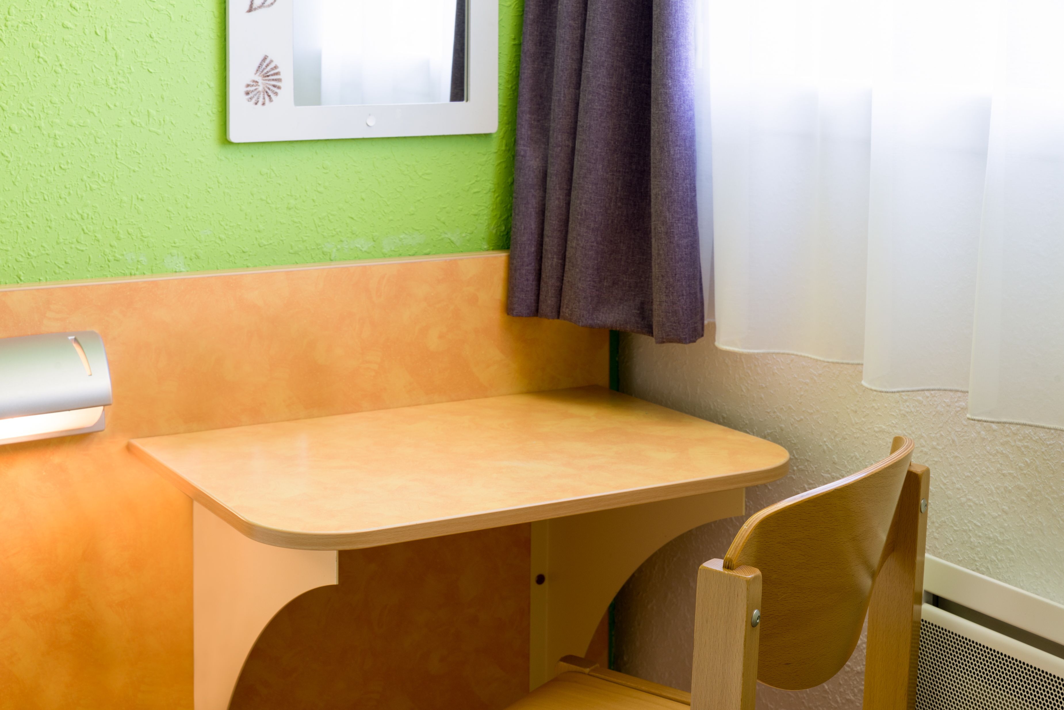 desk, blackout curtains, soundproofing, iron/ironing board