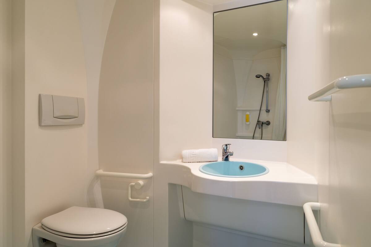 standard twin room | bathroom | shower, free toiletries, hair dryer, towels