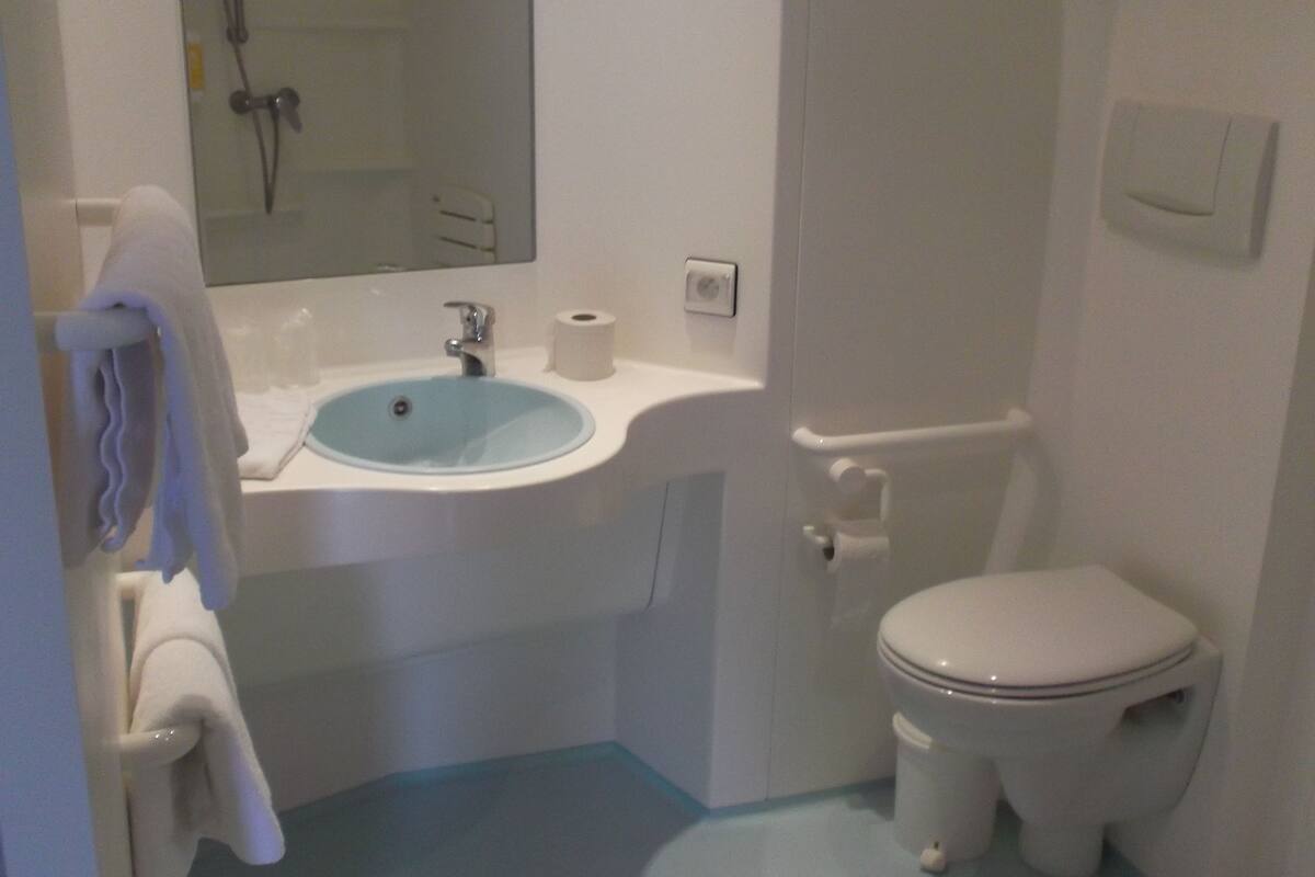 twin room, accessible | bathroom | shower, free toiletries, hair dryer, towels