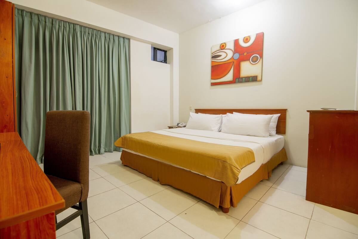 Una habitación de hotel con cama, una silla, un escritorio y un cuadro en la pared.