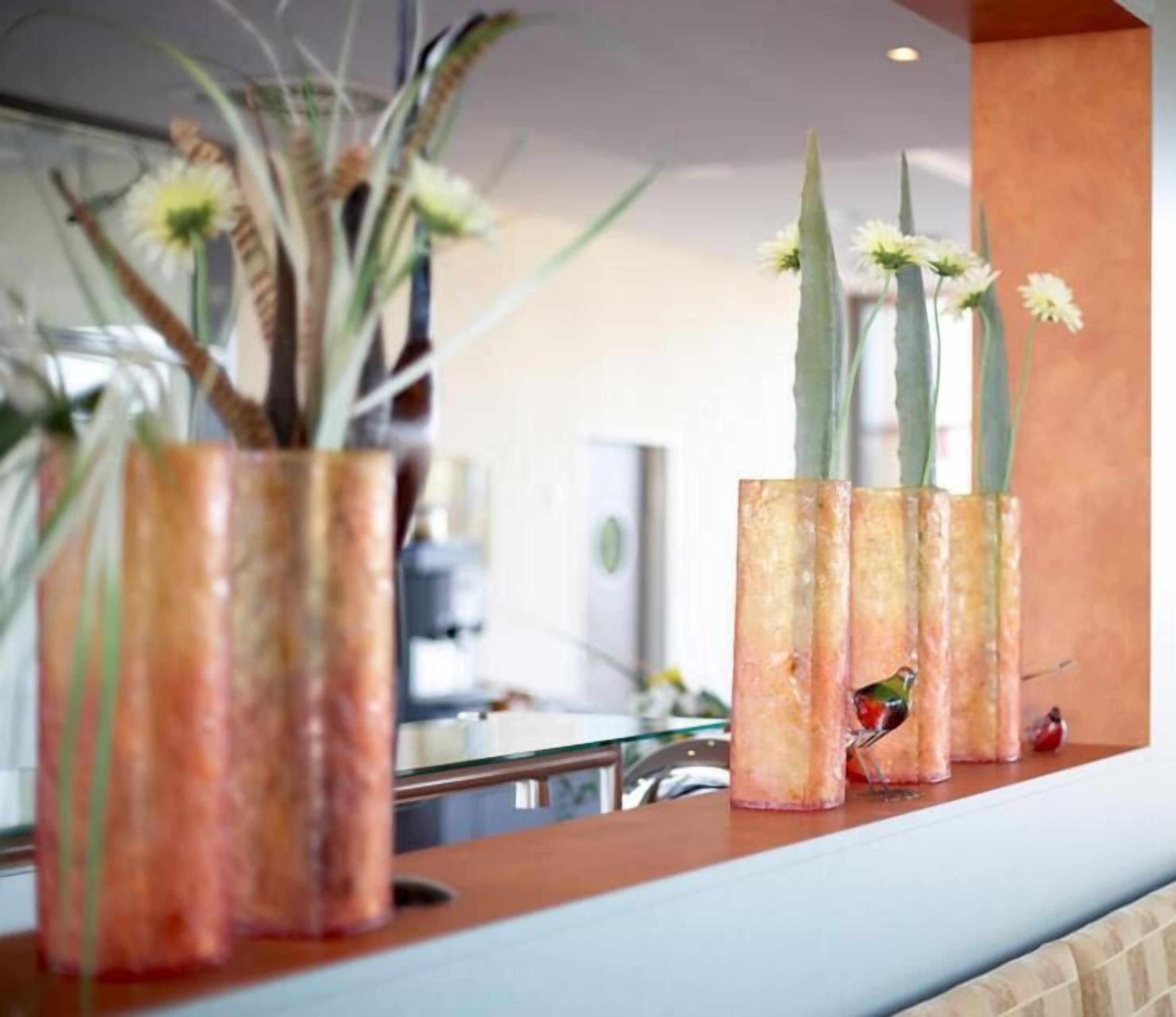 Un espace d’accueil avec un comptoir, deux vases ornés de plantes et un oiseau perché sur le comptoir.