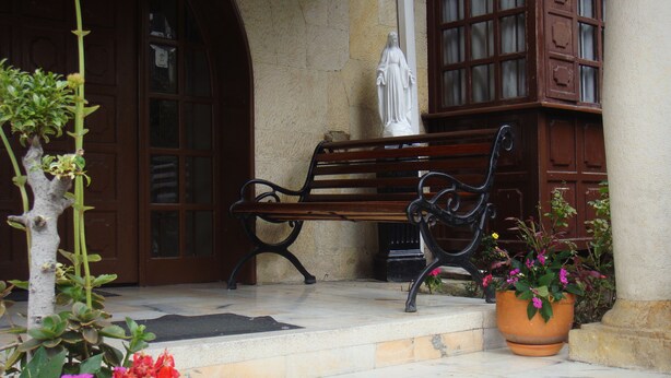 A bench outside a building with a stone facade, a wooden door, and a potted plant with flowers. - Zuetana 106 (Bogotá)
