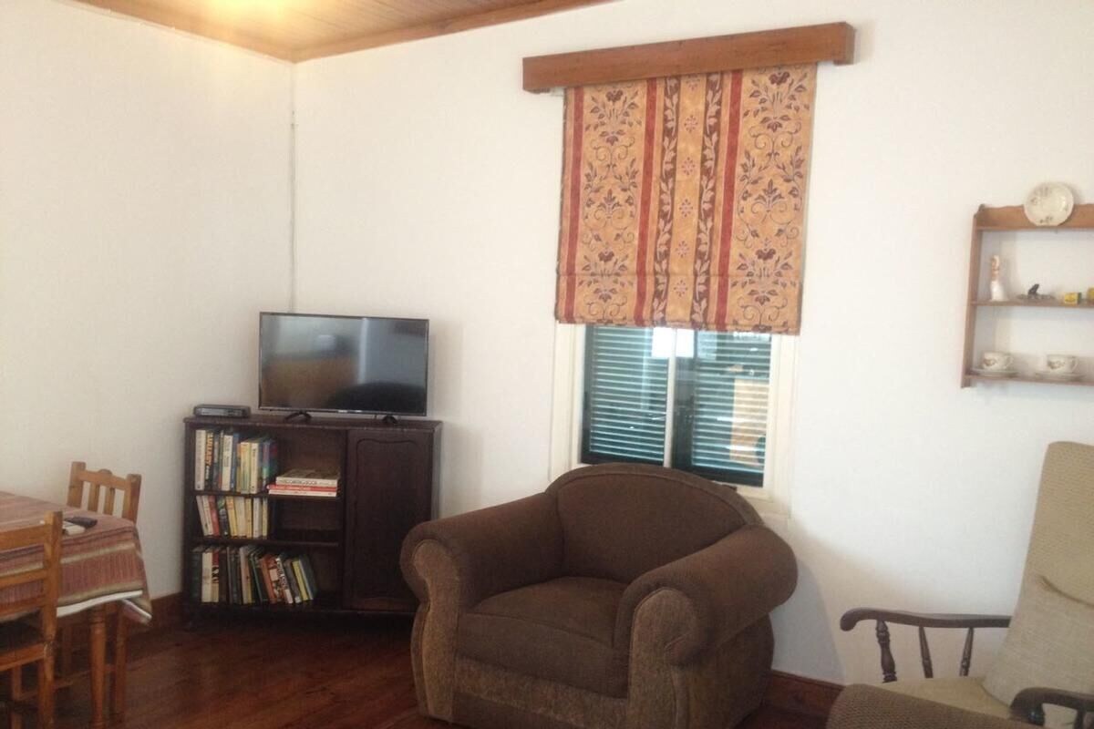 A living room with a television, bookshelf, and a brown armchair.
