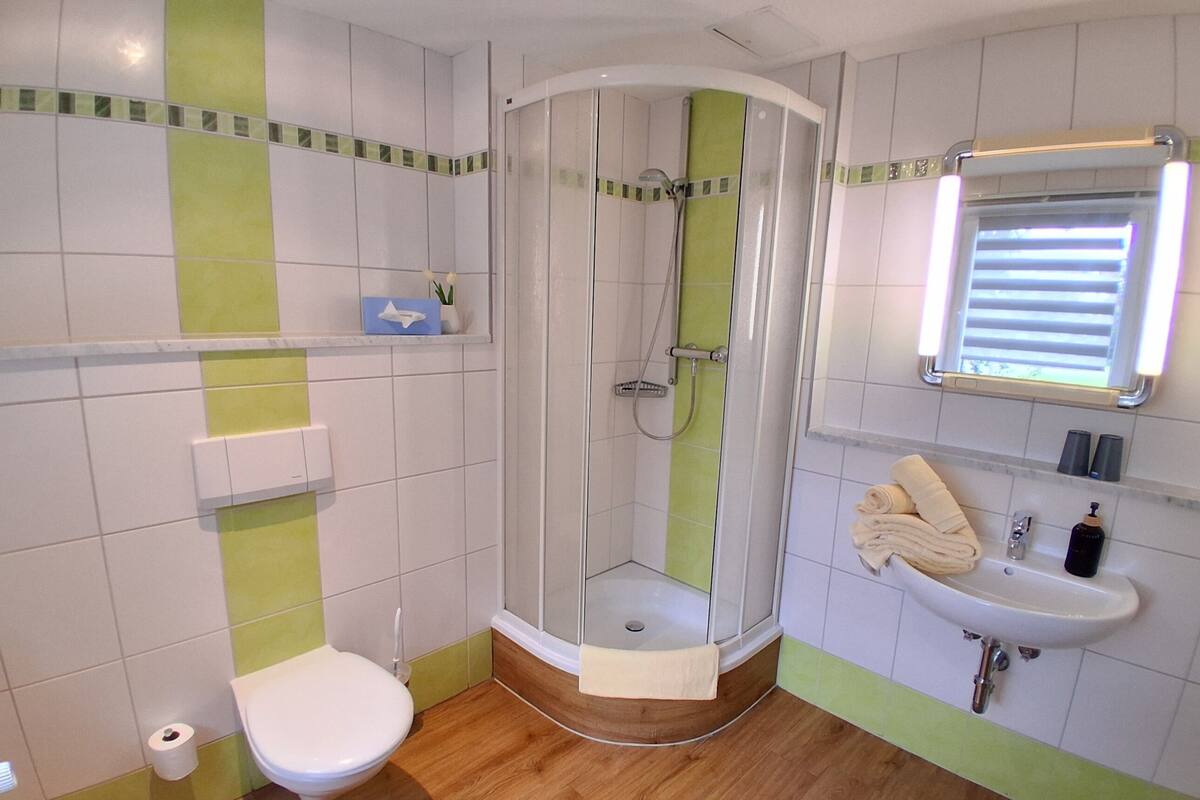 A bathroom with a toilet, shower, sink, and a mirror.
