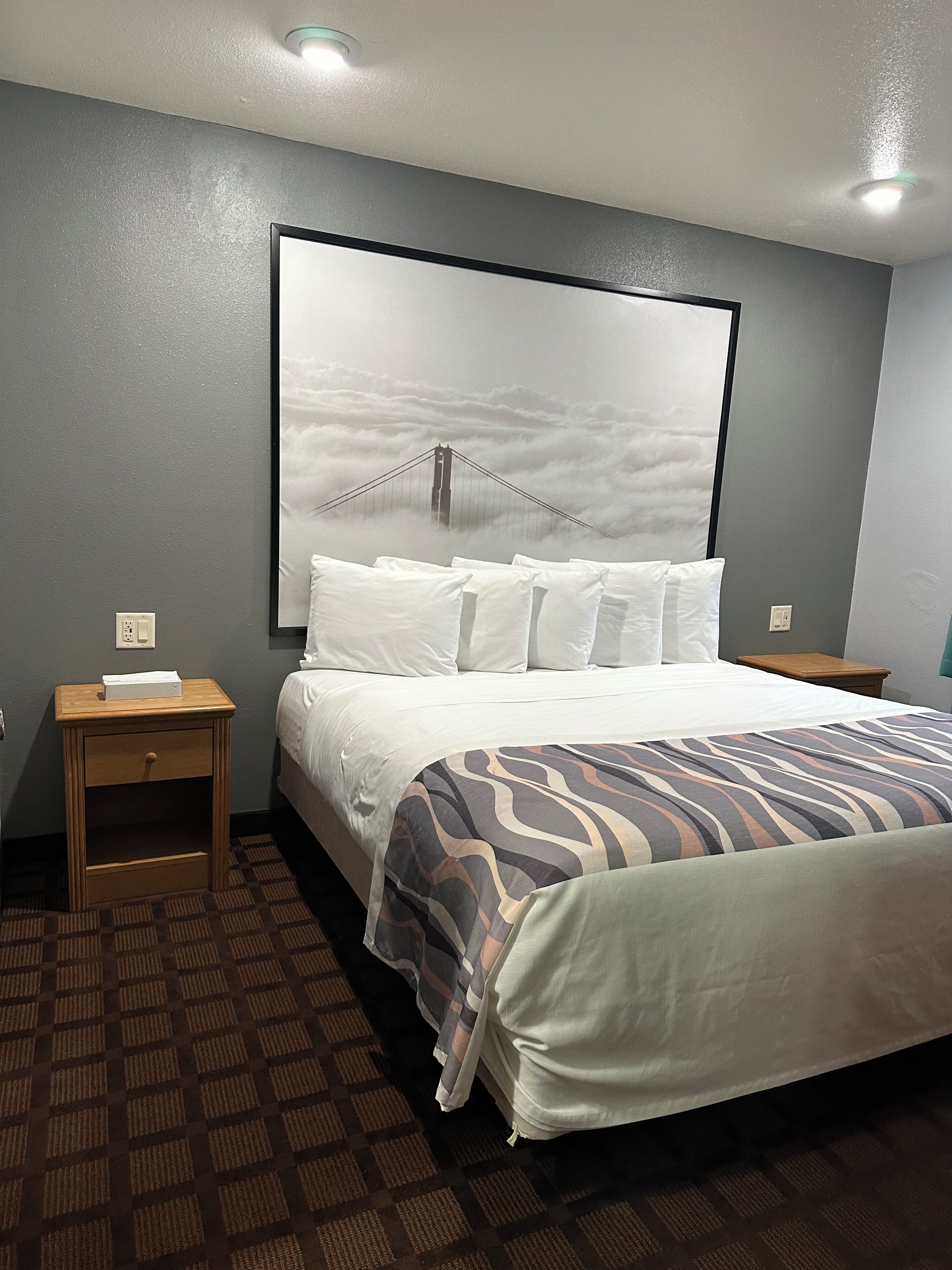 Habitación de hotel con una cama grande, una mesita de noche, un televisor montado en la pared y una lámpara en el techo.