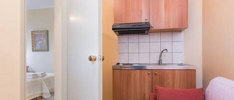 Una cuineta compacta amb forn integrat, un rentamics i un armari de fusta.