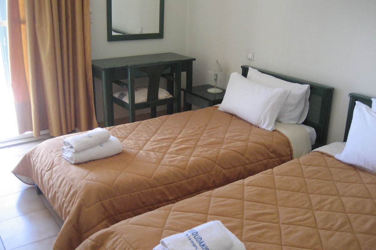 A hotel room with two beds, each with a brown quilted bedspread and white pillows. There is a small wooden nightstand with a lamp between the beds.