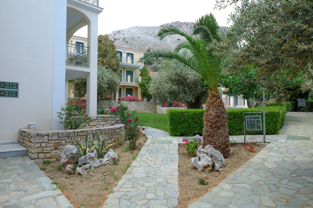 A courtyard with stone pathways, a palm tree, and a building with balconies.