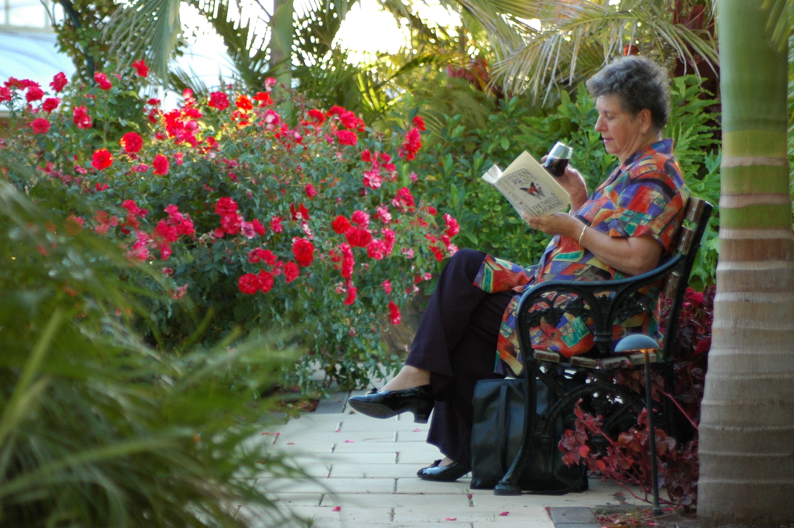 A person sitting on a bench in a garden with red flowers and greenery.