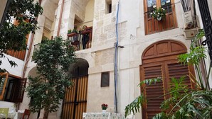 A narrow street with buildings featuring arched doorways and wooden shutters, surrounded by lush greenery and potted plants.
