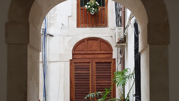 An arched doorway leading to a courtyard with a wooden door, potted plants, and a tiled floor.