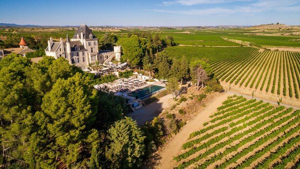 A large estate with a prominent building, a swimming pool, and expansive vineyard fields. - Château Les Carrasses (Quarante)