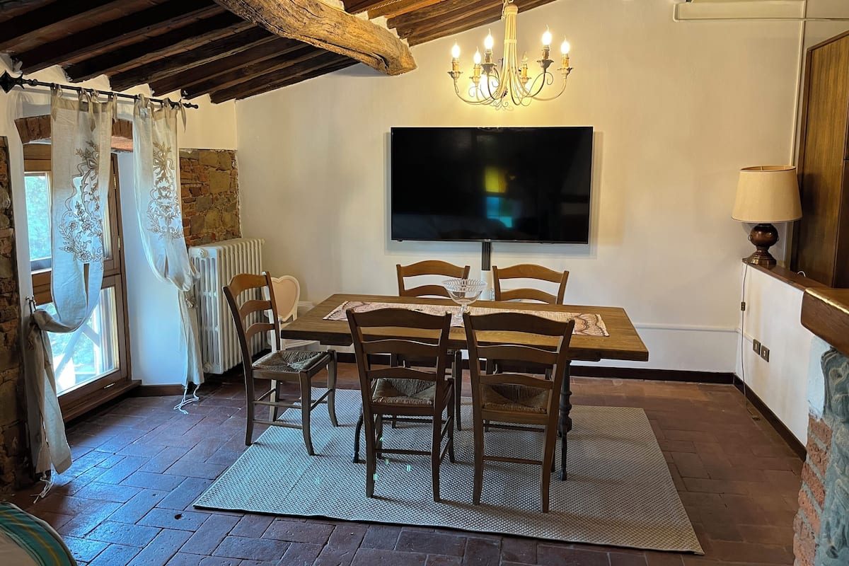 Un comedor con mesa de madera, sillas, una araña, un televisor de pantalla plana y un radiador.