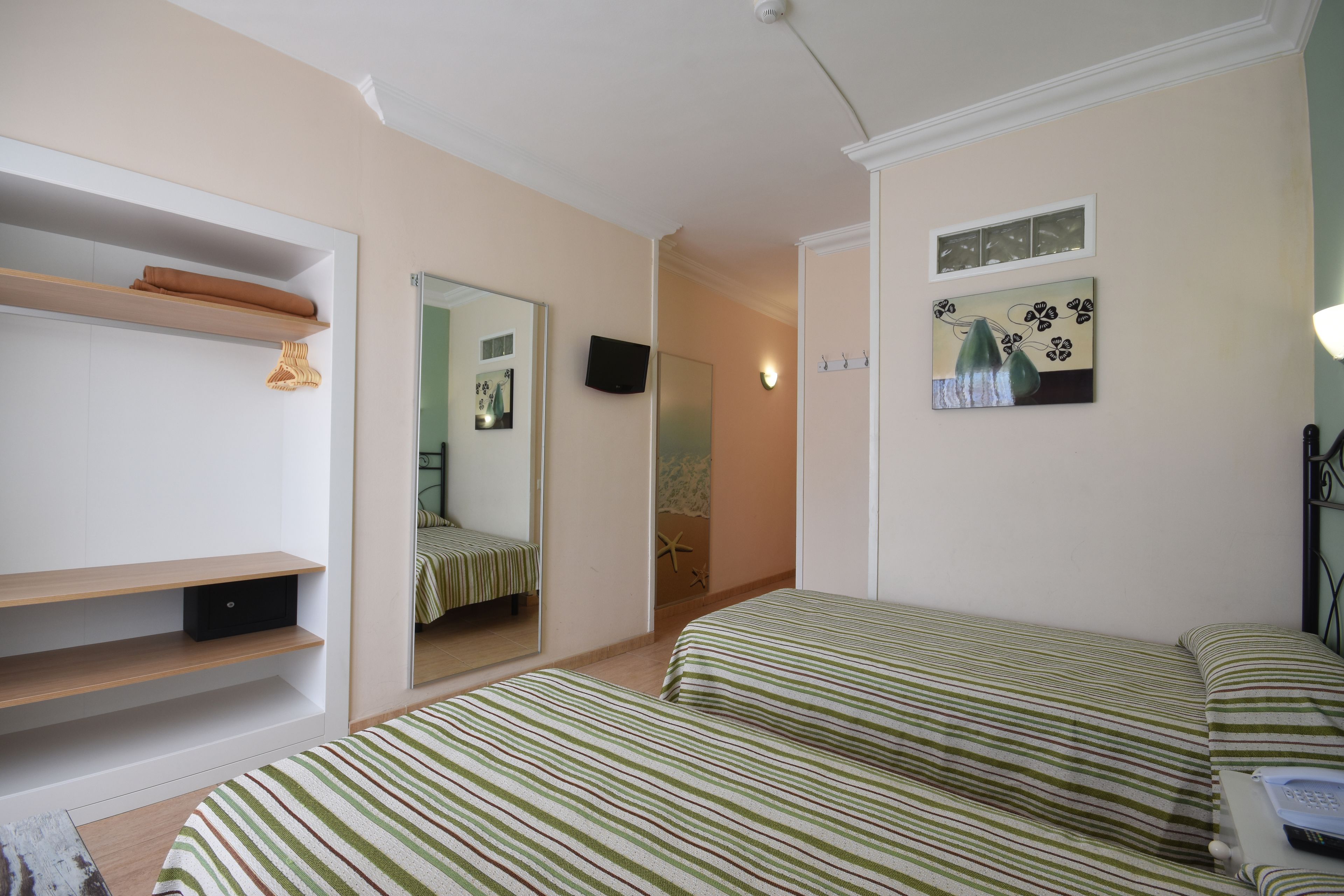 Un dormitorio con dos camas, un armario, un espejo, un televisor y un cuadro en la pared.