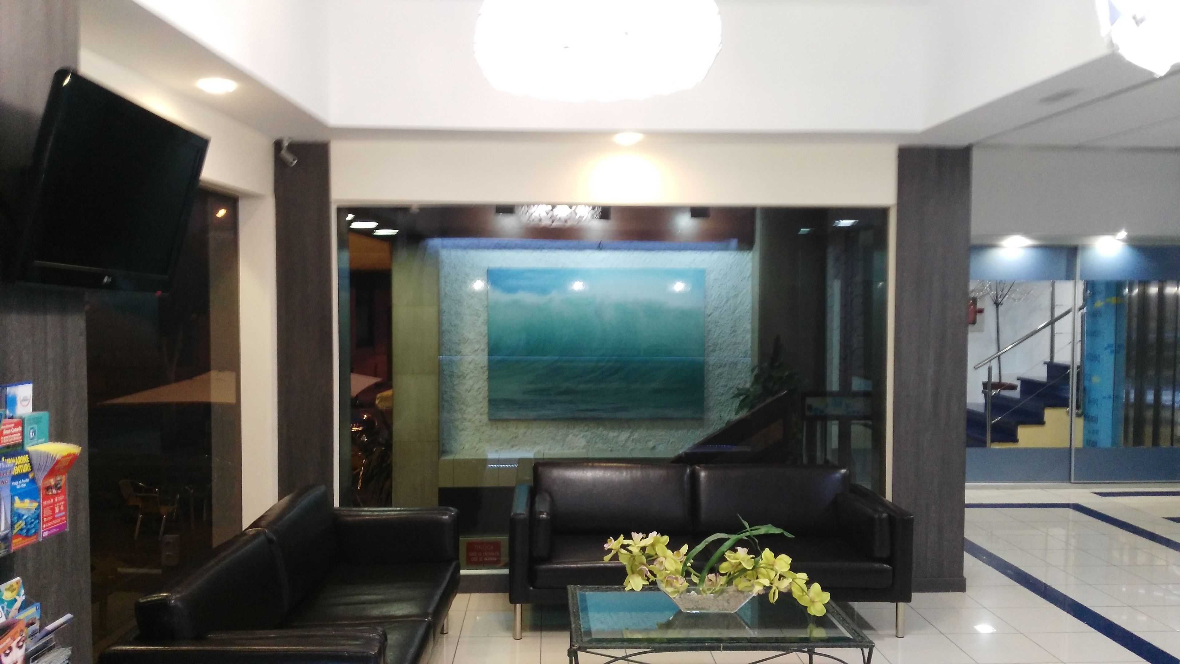 Un vestíbulo con pared de vidrio, un sofá de cuero negro, una mesa de centro de vidrio con flores y un televisor montado.