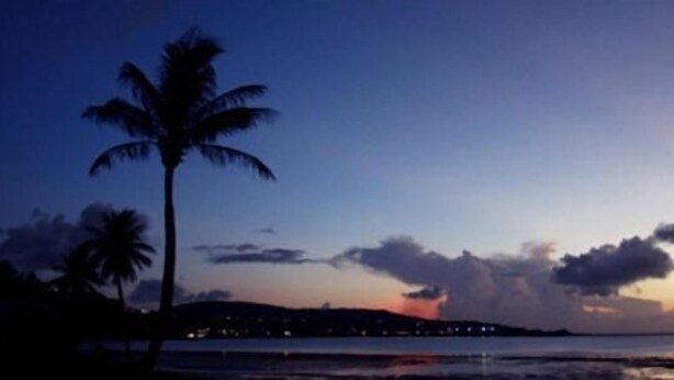 A beach scene with palm trees and a sunset. - Tamuning Plaza Hotel (Tamuning)