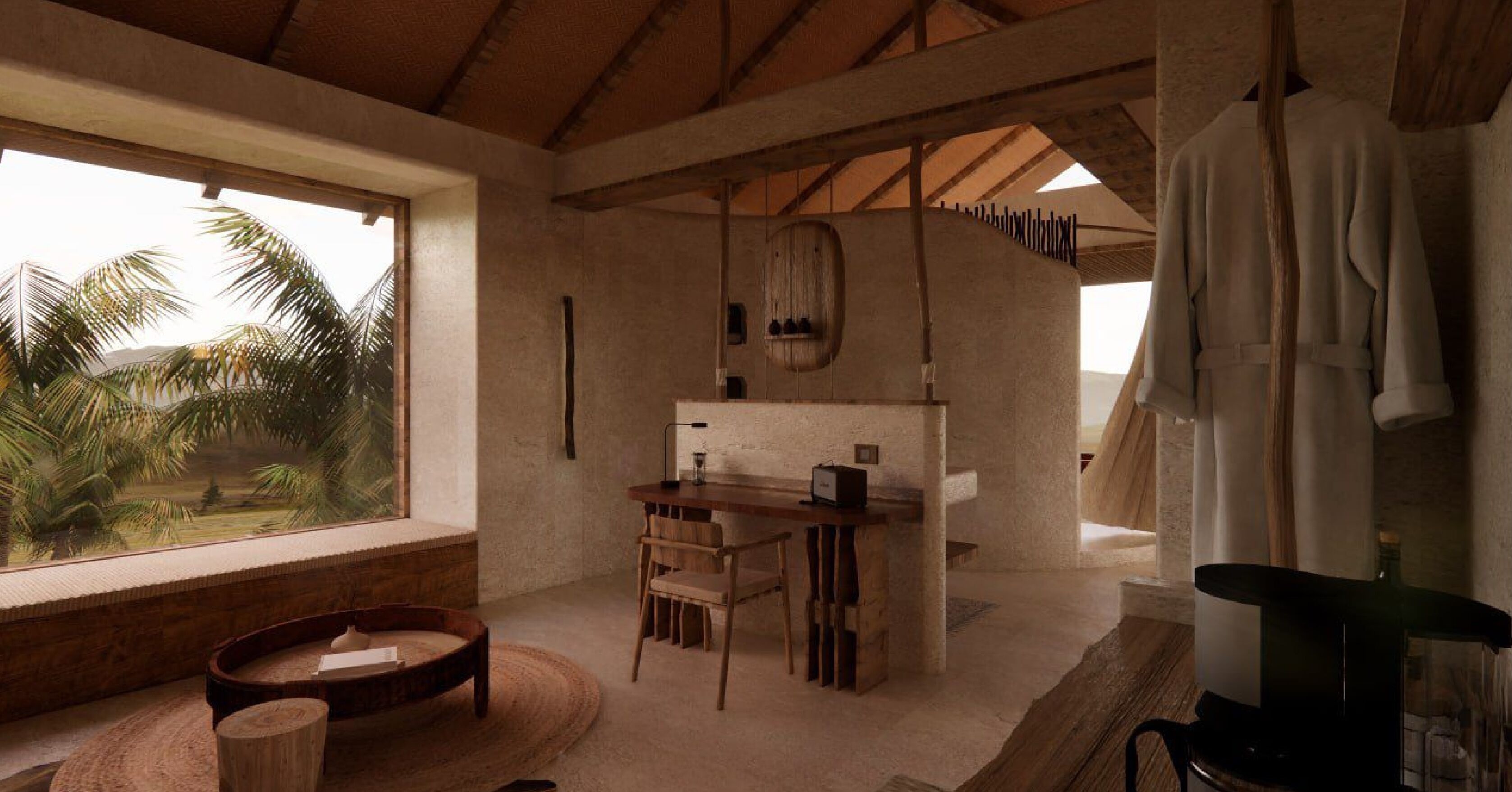 Una habitación con un ventanal grande, una mesa de madera, una silla y una lámpara colgante.