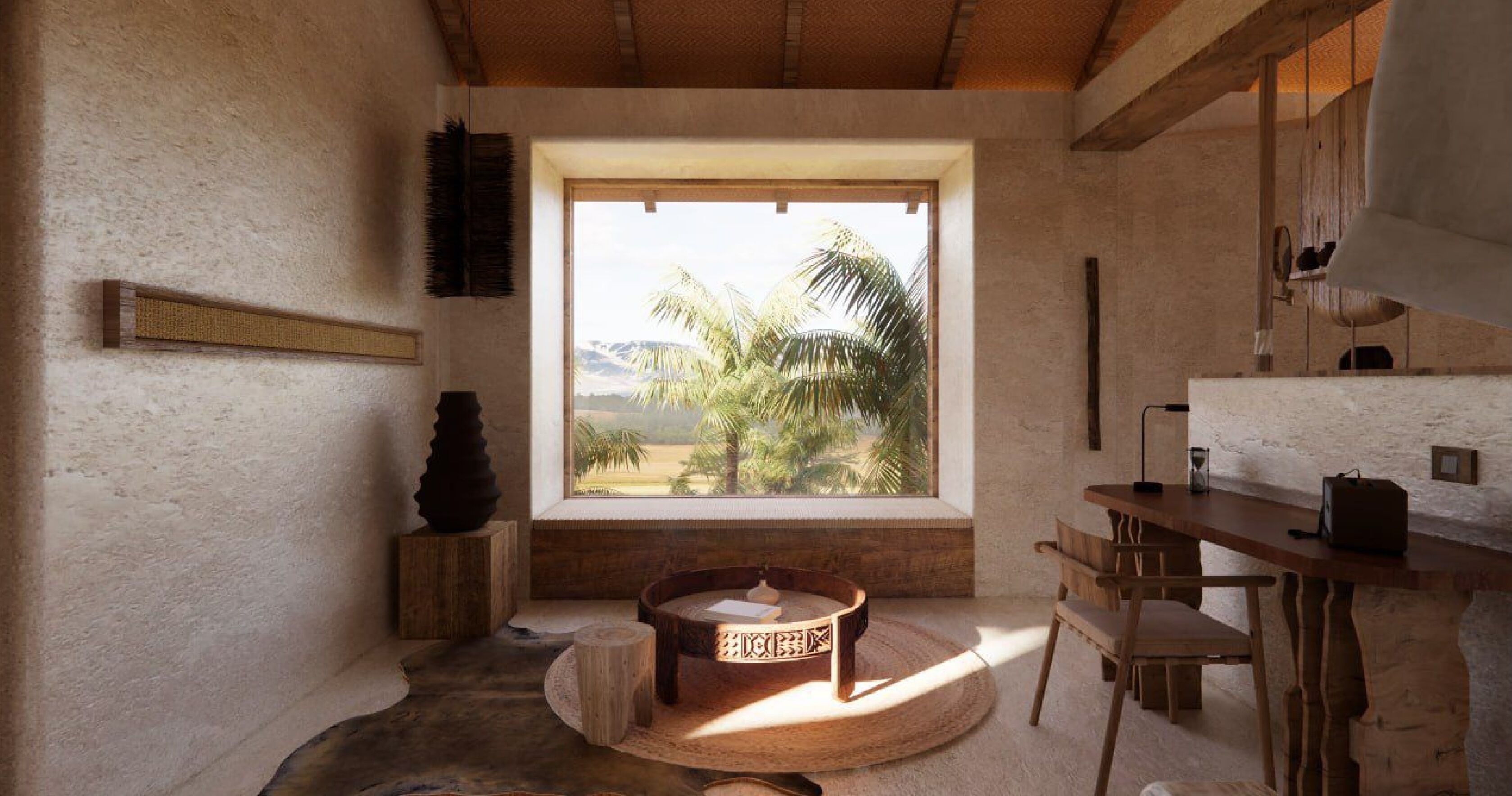 A room with a large window, a round wooden table, a chair, and a rustic wooden cabinet.