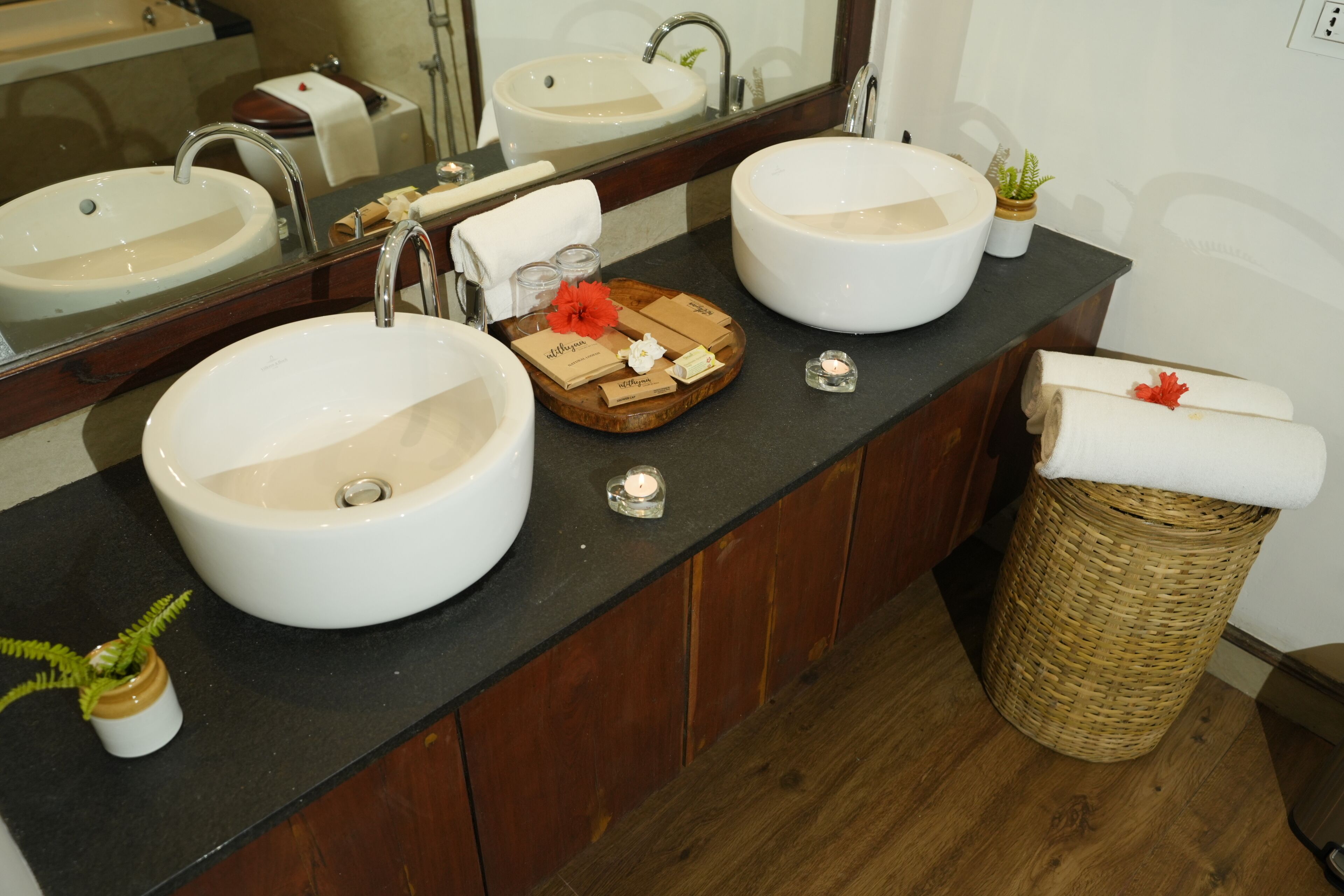 valley facing suite with bathtub | bathroom | free toiletries, hair dryer, slippers, towels