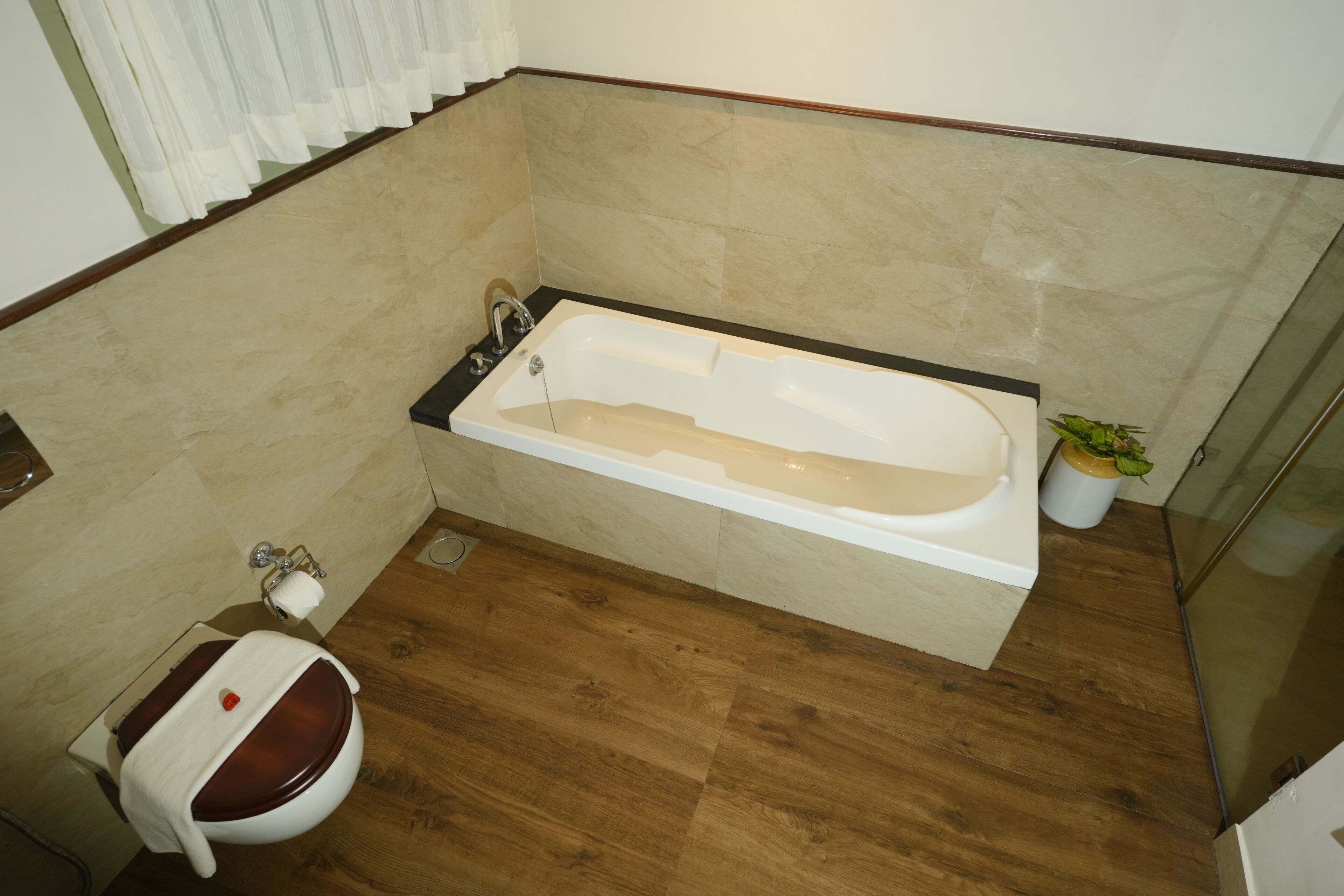 A bathroom with a bathtub, toilet, and a small plant.
