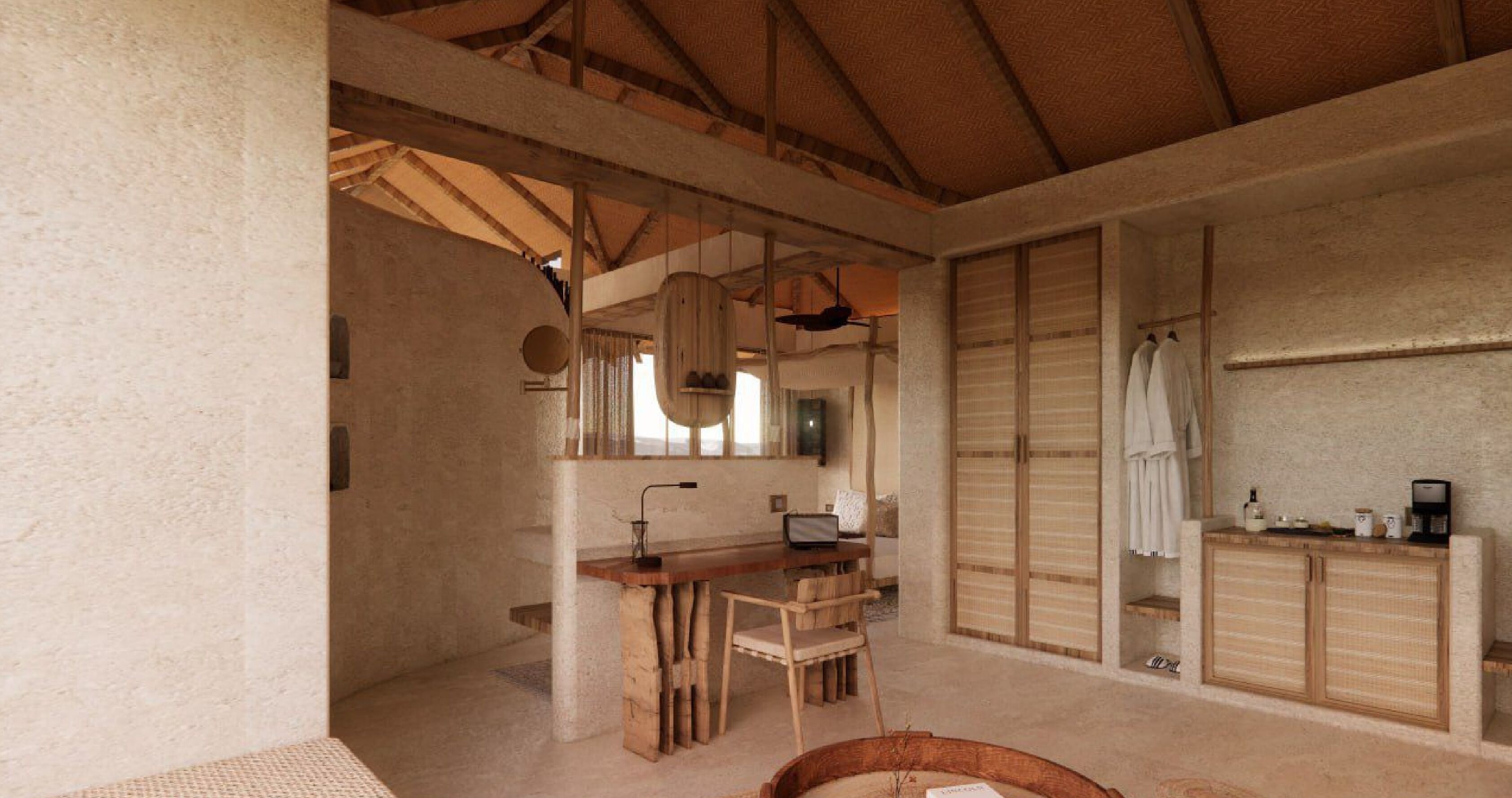 A rustic bathroom with a wooden vanity, a mirror, and a towel rack.