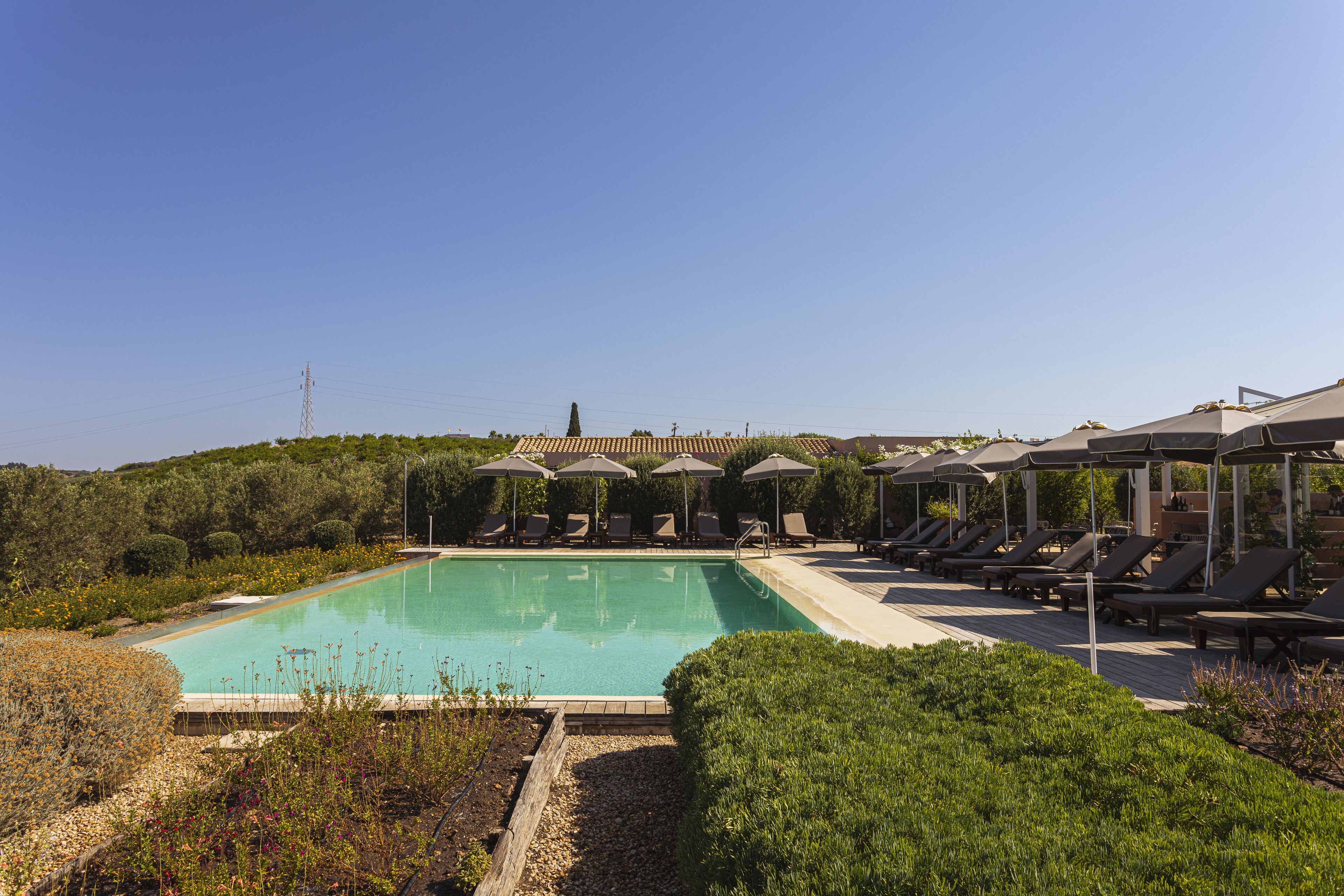 outdoor pool, pool umbrellas, pool loungers