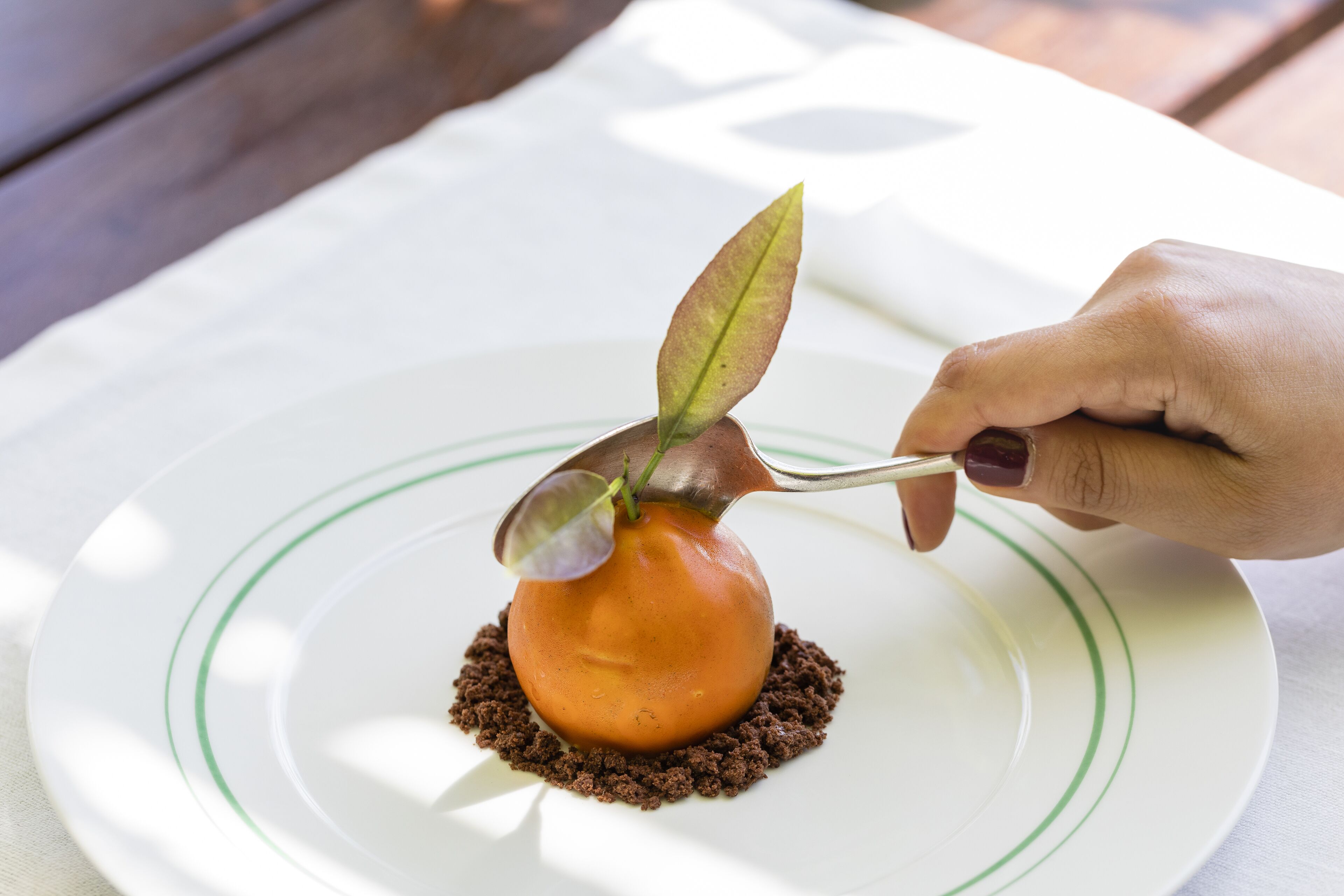 A dessert on a white plate with green stripes.