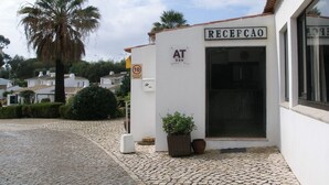 A building with a sign reading "RECEPCAO" and a palm tree in the background.