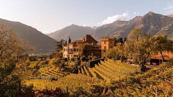A historic building with a tower, surrounded by vineyards and mountains.