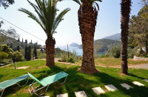 A garden with palm trees, a green lawn, and a view of the sea and mountains. - Anna Pension (Corfu)