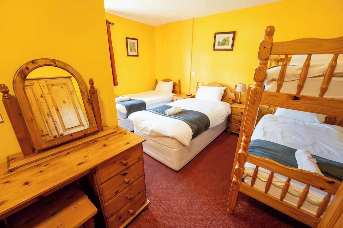 Une chambre avec deux lits, une commode en bois, un miroir et une moquette rouge.