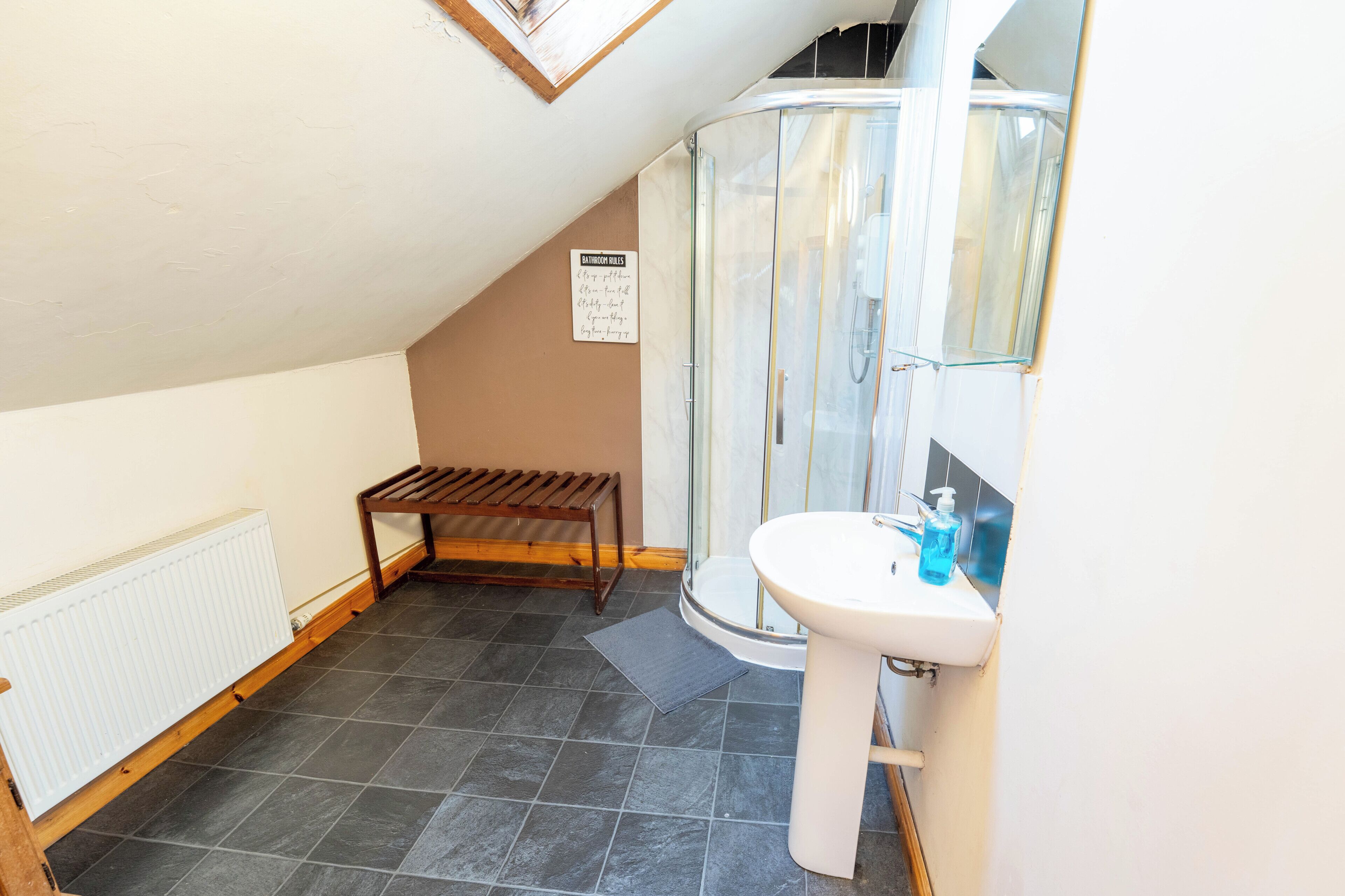 A bathroom with a shower, toilet, and bench.