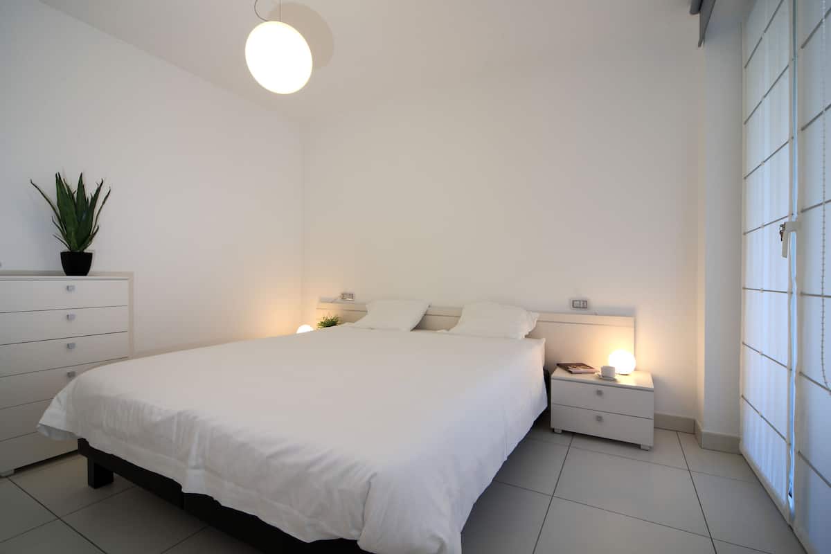 A minimalist bedroom with a large bed, bedside tables, a nightstand, and a potted plant.
