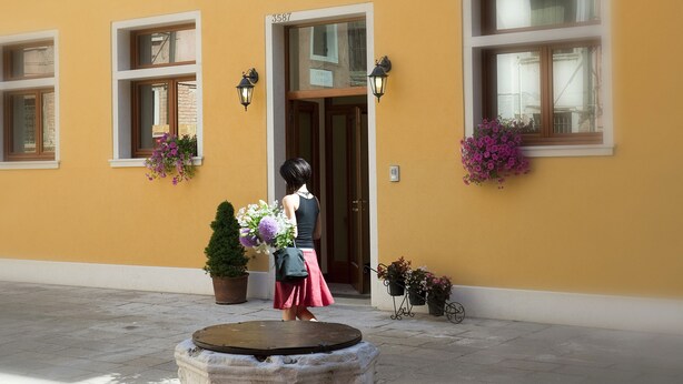 A yellow building with a large door and windows, a fire hydrant in the foreground, and potted plants on the ground. - Hotel Al Malcanton (Venice)