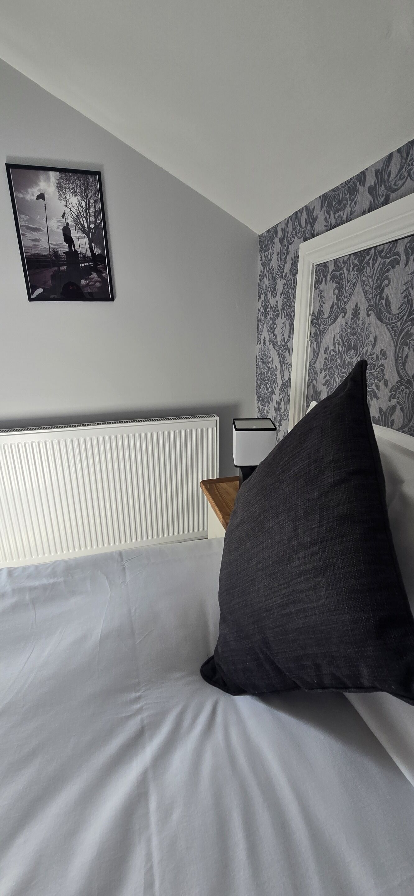 A neatly made bed with a pillow, a framed picture on the wall, and a radiator.