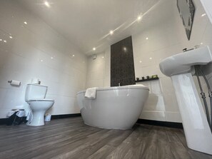 Un baño moderno con una bañera independiente, inodoro y zona de ducha.