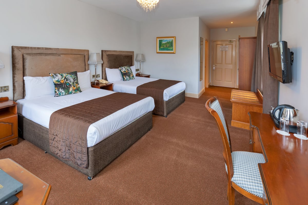 Une chambre d’hôtel avec deux lits, une table à manger, des chaises, un téléviseur et un lustre.