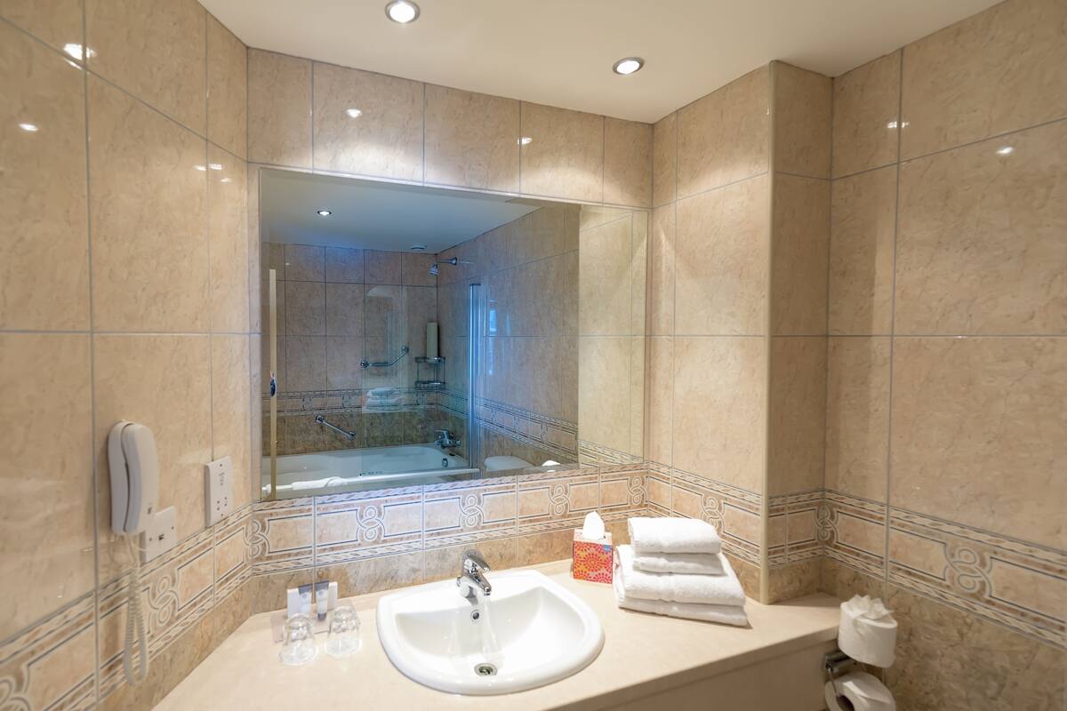 jacuzzi suite | bathroom amenities | shower, free toiletries, hair dryer, towels