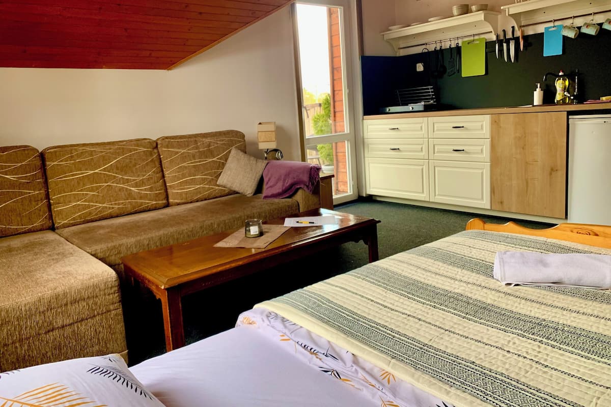 A cozy room with a sofa, a wooden table, a bed with patterned bedding, a kitchen area with cabinets and utensils, and a window providing natural light.