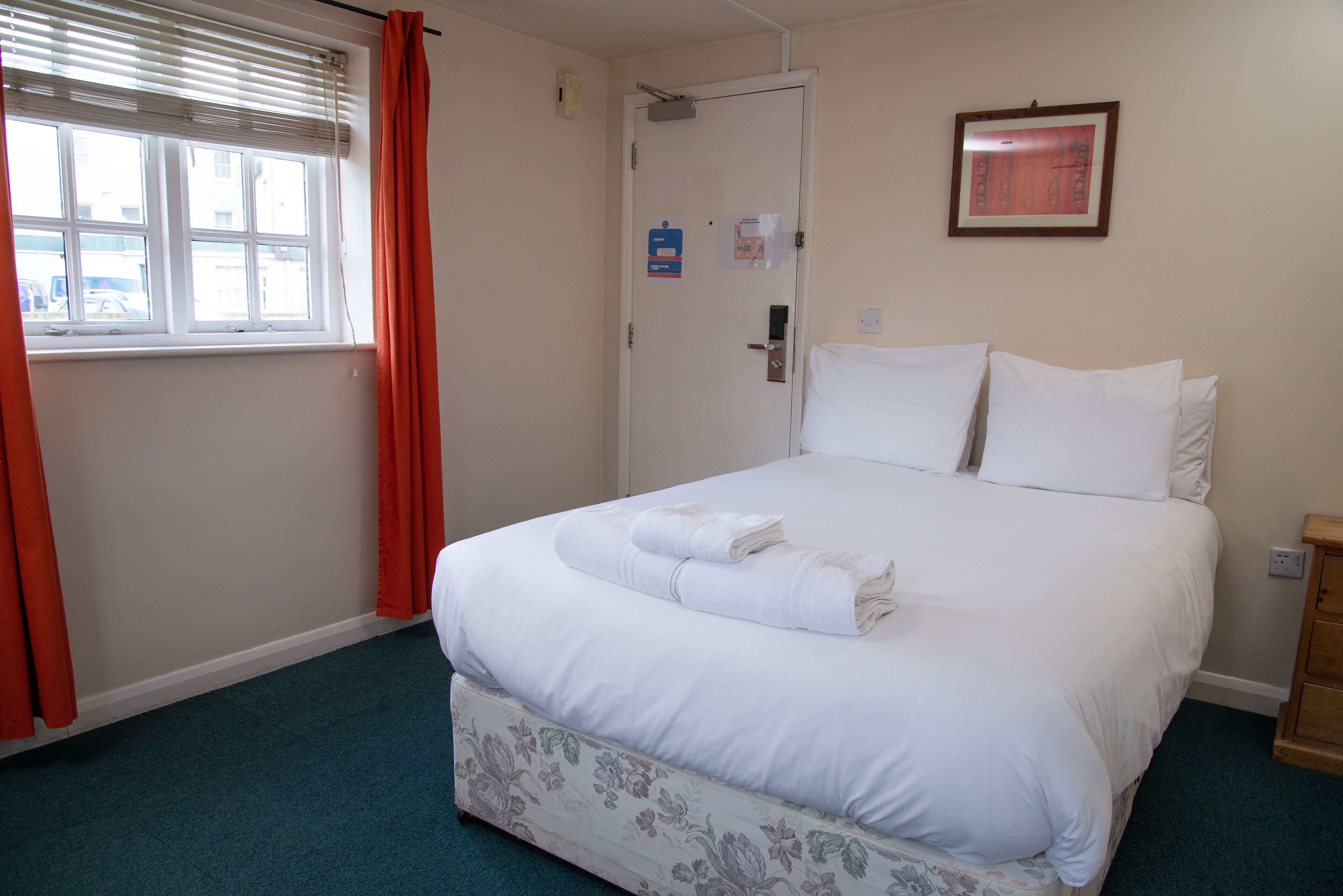 A hotel room with a bed, a door, a window with blinds, and a framed picture on the wall.