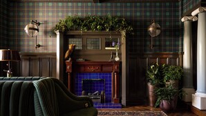 A room with a fireplace, a sofa, a patterned rug, and a potted plant. - Portrush Adelphi  (Portrush)