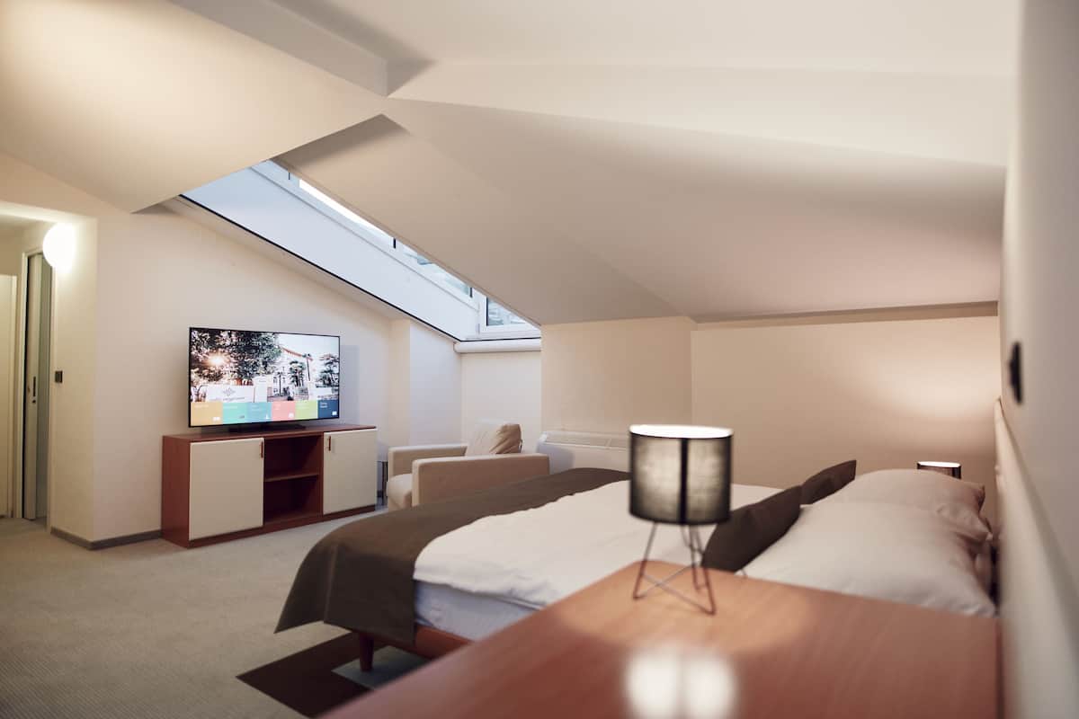 Una habitación de hotel moderna con tragaluz, televisor, cama, escritorio y silla.