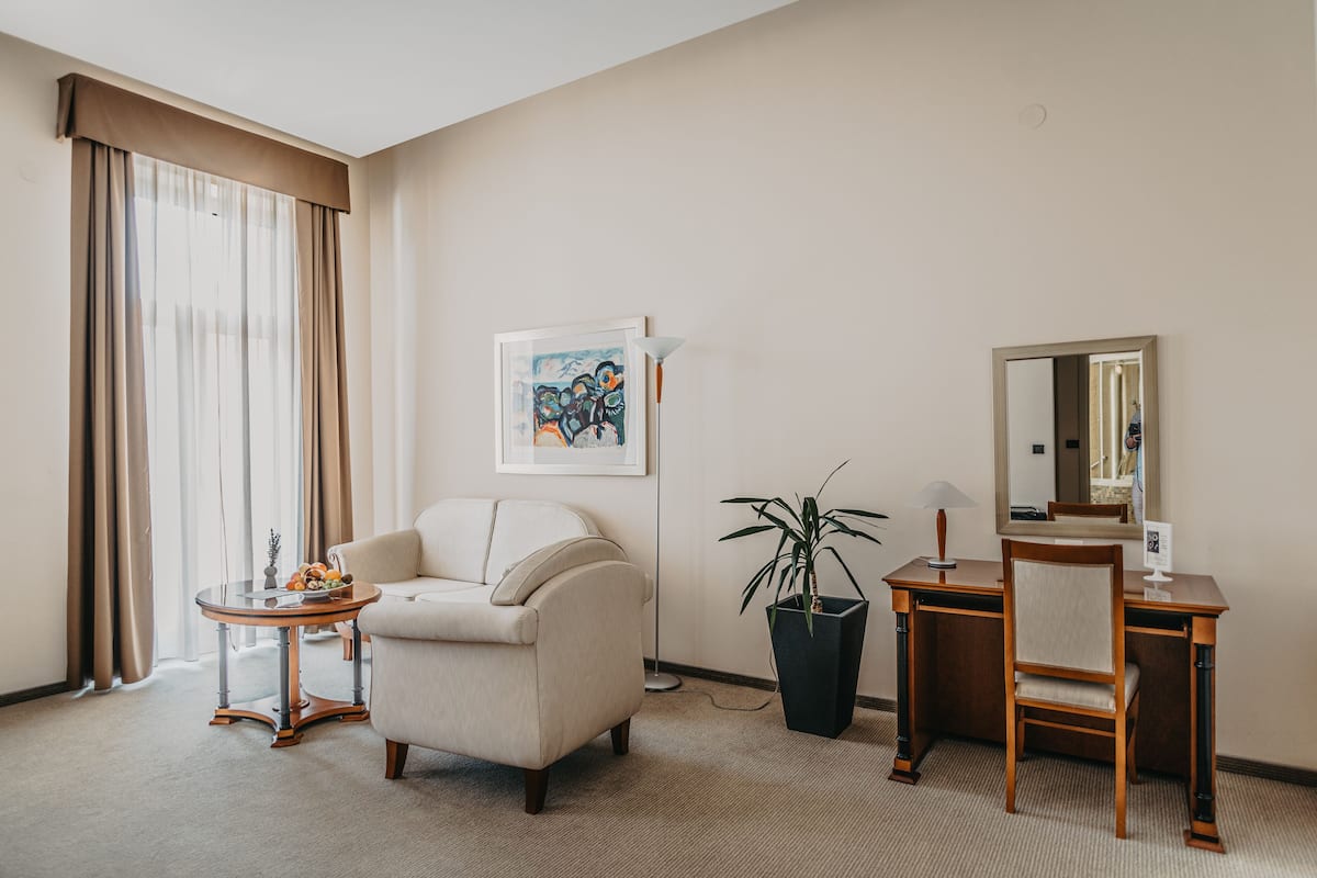 Habitación de hotel con sofá, escritorio, silla, planta en maceta, cuadro enmarco y espejo.