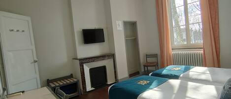 Une chambre à coucher comprenant un lit, une télévision, une cheminée, un bureau et une fenêtre avec des rideaux.