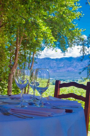 Petit déjeuner et dîner servis sur place, vue sur la piscine 
