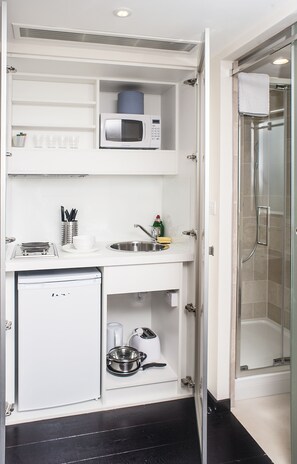 Fridge, microwave, stovetop, espresso maker