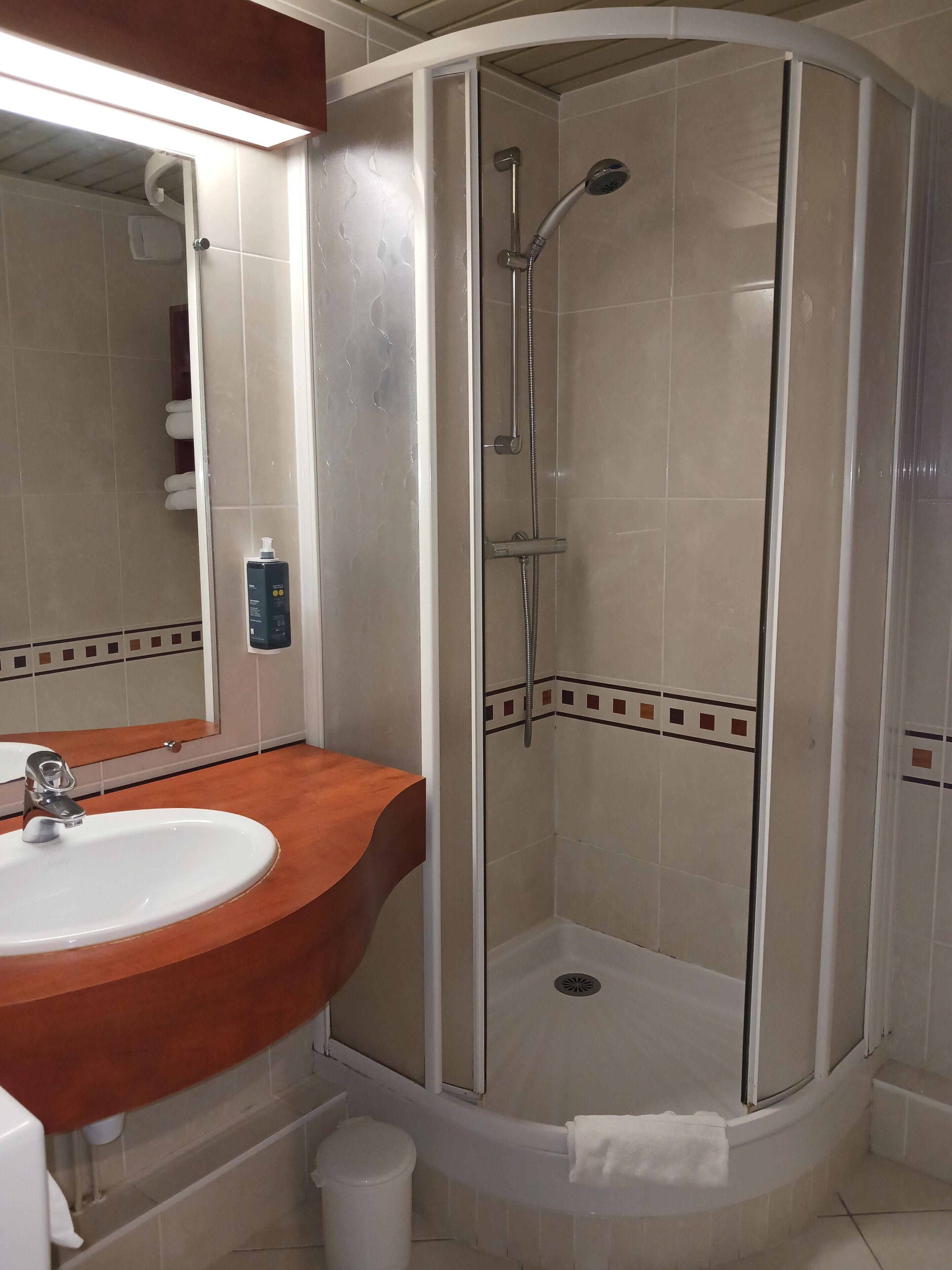 A bathroom with a curved shower enclosure, a sink with a wooden countertop, and a mirror.