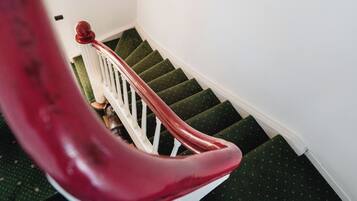 A staircase with green carpeted steps and a white railing.